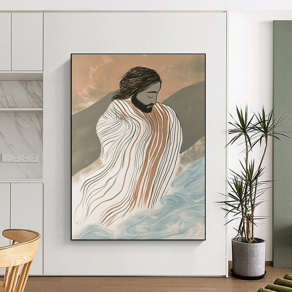 Large abstract painting featuring Jesus in striped robes surrounded by waves with an ink drawing effect and a misty atmosphere in a vibrant color palette.STSC1131