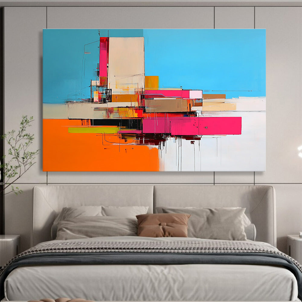 Large abstract painting of an industrial building in vibrant pink and orange hues against a blue backdrop capturing dynamic beauty.SC159