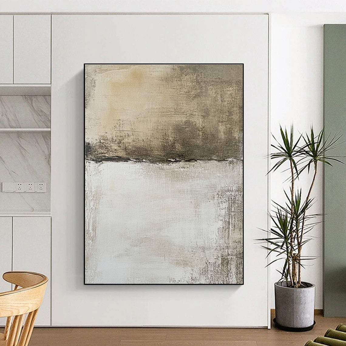 Large abstract painting features a neutral background with faded textures and brown shapes, evoking an aerial view of a landscape.STSC1103