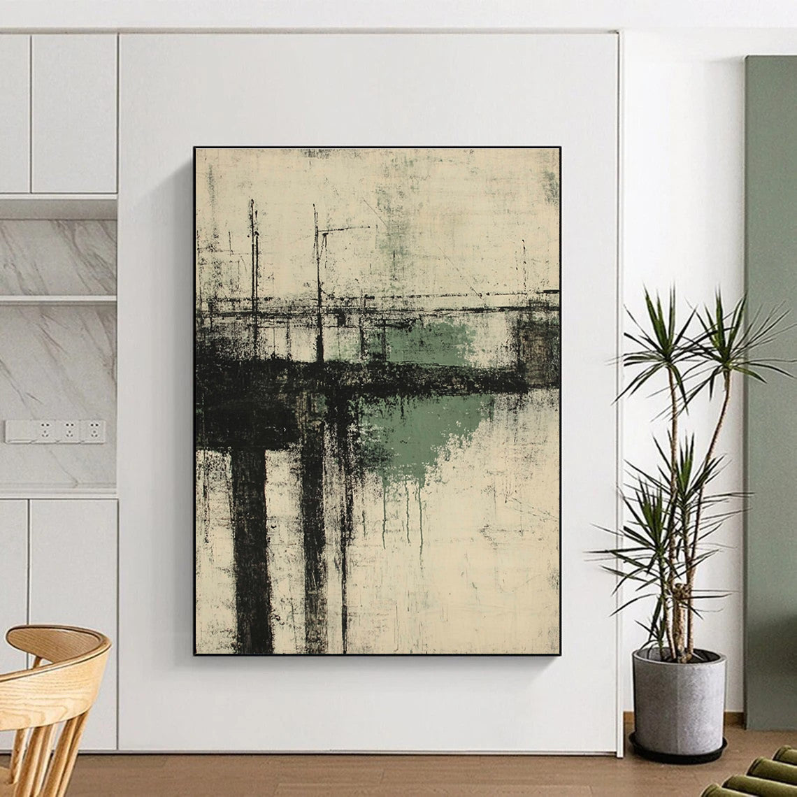 Large abstract painting of an old pier in neutral greens and grays capturing the essence of Kathryn Statsny's style.STSC658