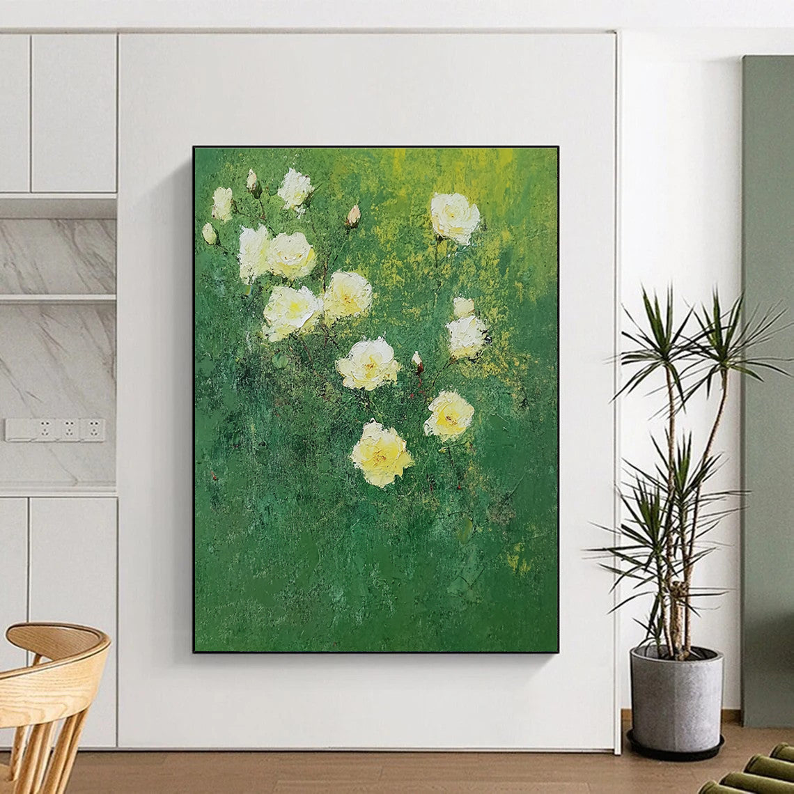 Large abstract painting of white roses on green background featuring bold brush strokes in impressionist style with green and yellow hues.STSC1152