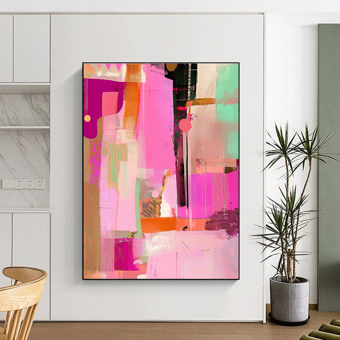 Large abstract artwork featuring pink tones with a collage of lines and shapes that adds a unique flair to any space.STSC525