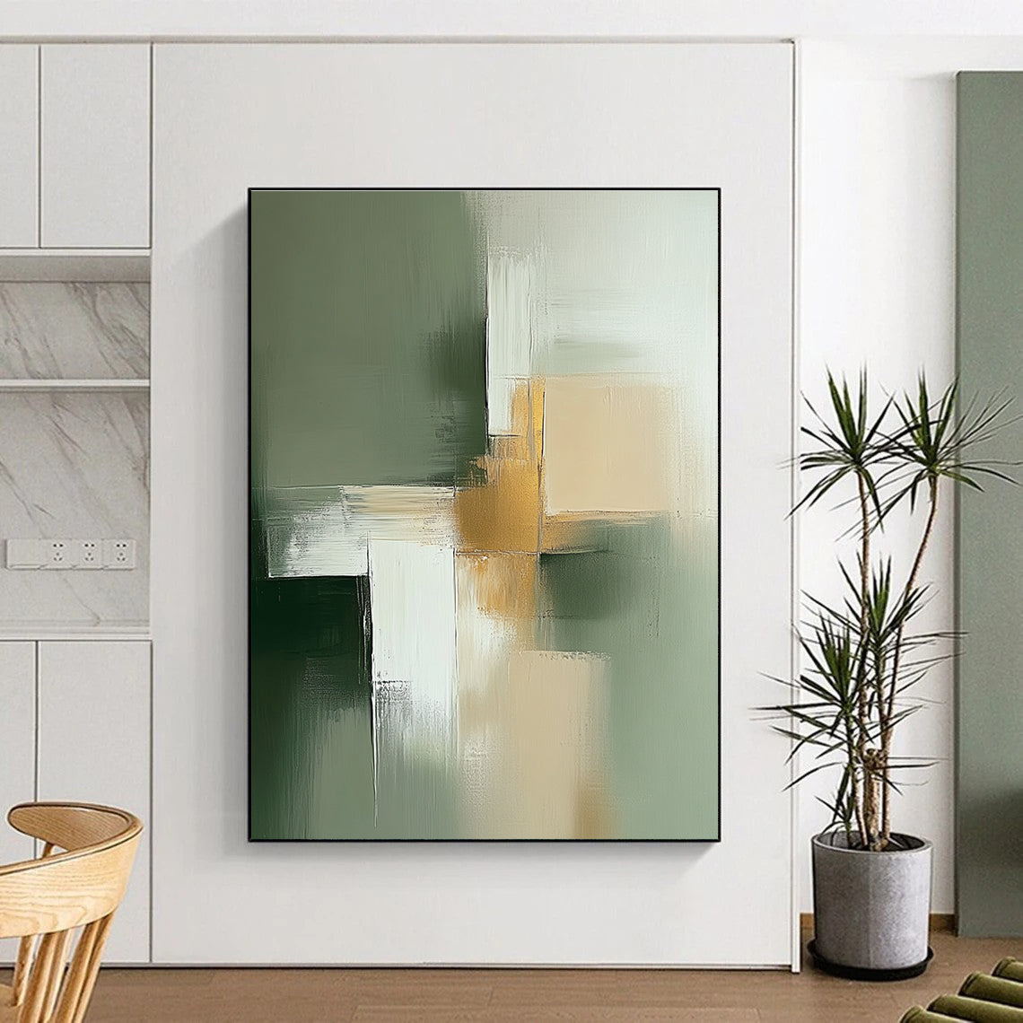 Abstract minimalist painting in sage green and beige with white featuring thick brush strokes and golden details for elegance.STSC566