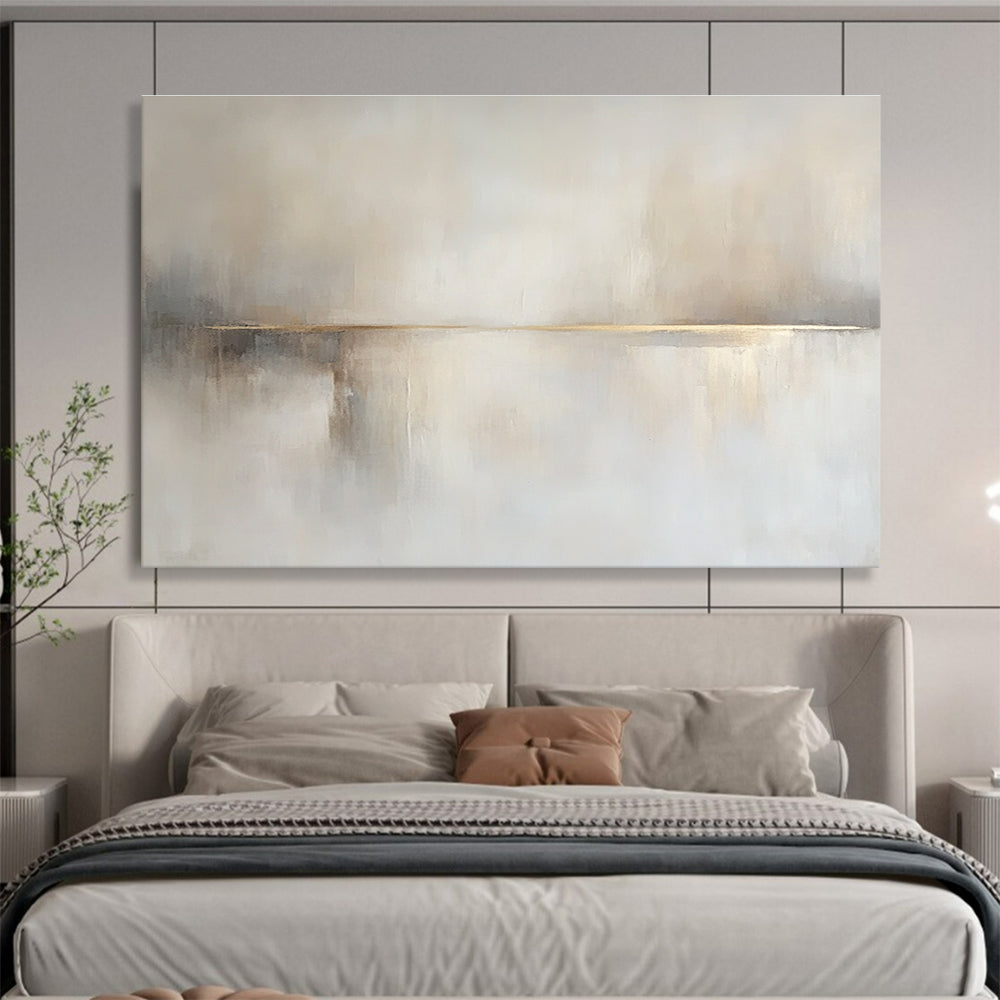 Large abstract painting in beige and white hues featuring soft tones, subtle brushstrokes, and a tranquil sea with a small boat.SC136