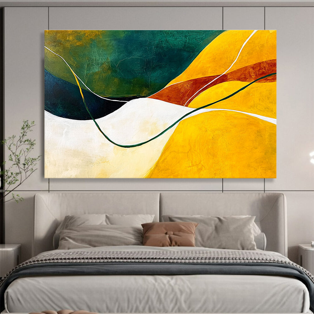 Large abstract painting featuring dynamic yellow green and white lines conveying movement and depth inspired by the beauty of nature.SC268