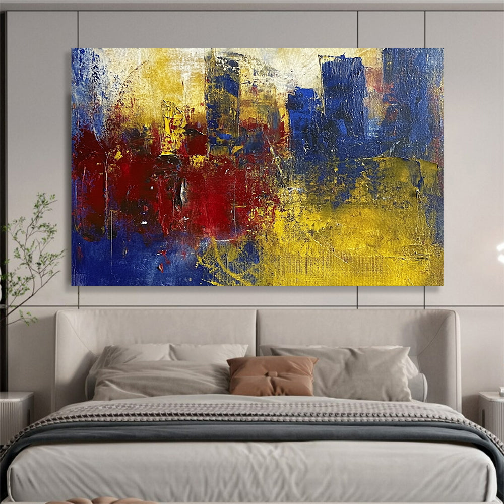 Textured Cityscape Abstract Painting with Blue Red and Yellow DYP515