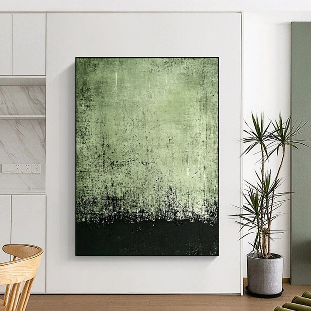 Large abstract painting featuring a dark green background with black edges and subtle gray textures for a mysterious aged effect.STSC398