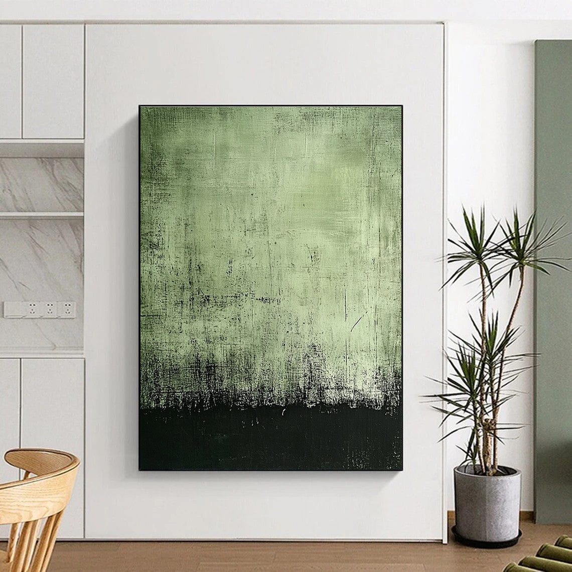 Large abstract painting featuring a dark green background with black edges and subtle gray textures for a mysterious aged effect.STSC398