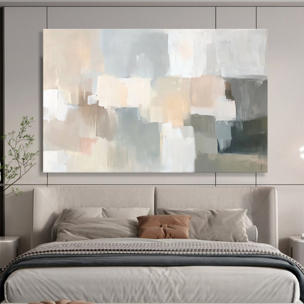 Large abstract painting in soft neutral tones featuring muted strokes of beige cream grey dusty pink pale sage green gray peach and light blue creating a serene scene.SC059