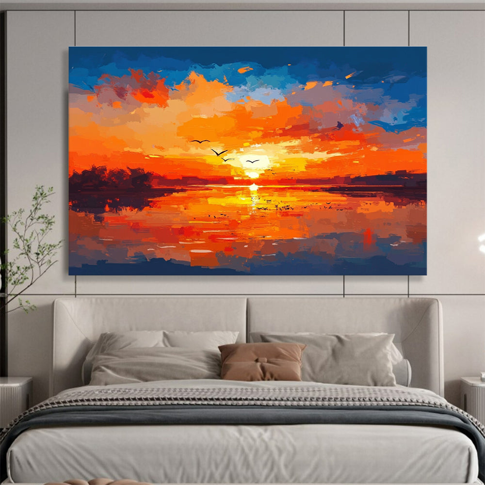 Large abstract painting featuring birds over water warm colors brush strokes reflections sunset sky tranquil atmosphereSC284