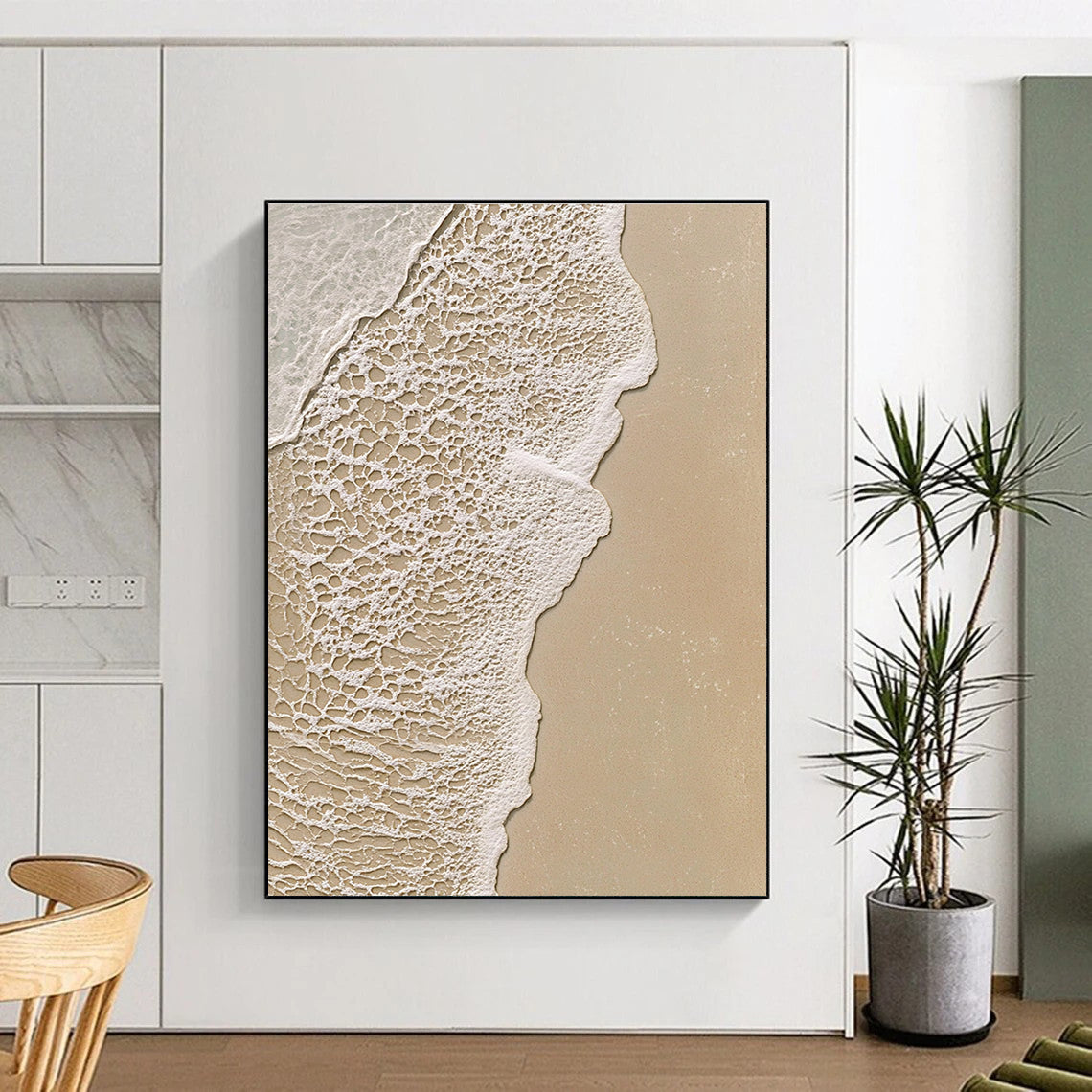 Abstract painting of a serene beach scene highlighting intricate textures of sand and water in soothing beige and white tones.STSC953
