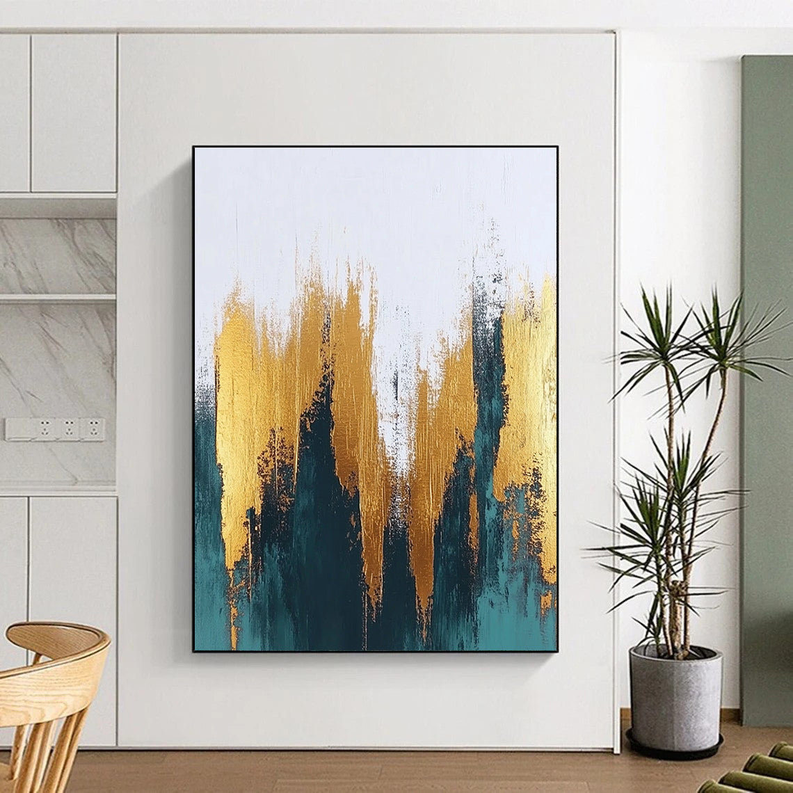 Large abstract painting featuring textured gold and teal brush strokes on a white background perfect for contemporary sophisticated decor.STSC062