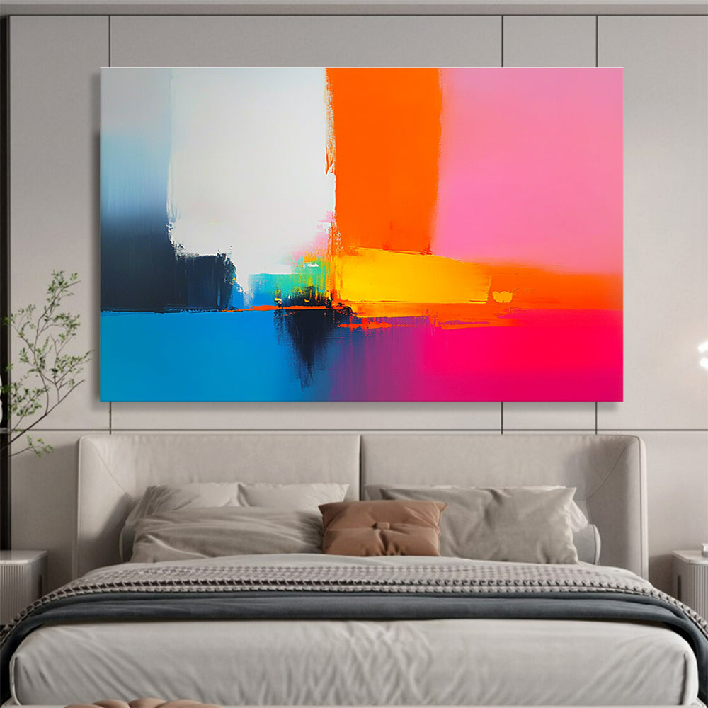 A large abstract painting featuring bold shapes and clean lines in pink orange blue yellow and white inspired by Peter Wileman's brushstrokes.SC505