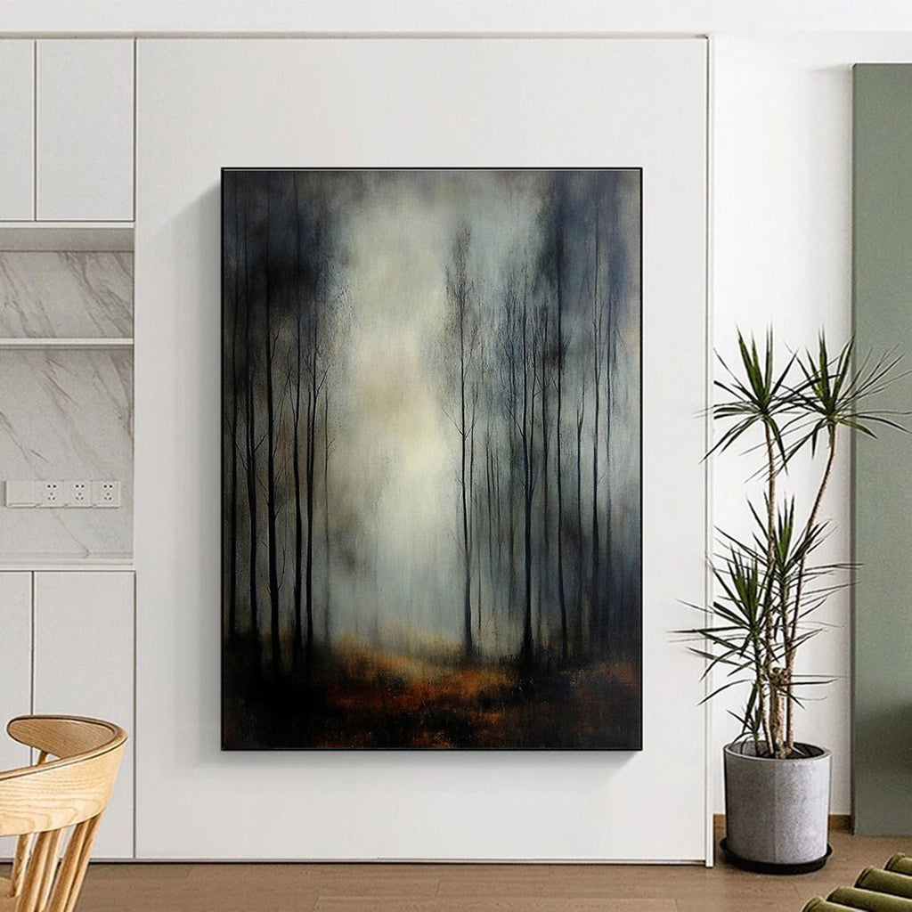 Large Abstract Painting of a foggy autumn forest featuring thin trees and chiaroscuro lighting for a dramatic mysterious atmosphere.STSC1306