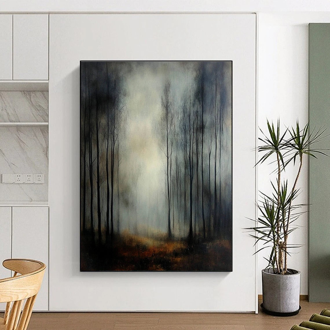 Large Abstract Painting of a foggy autumn forest featuring thin trees and chiaroscuro lighting for a dramatic mysterious atmosphere.STSC1306