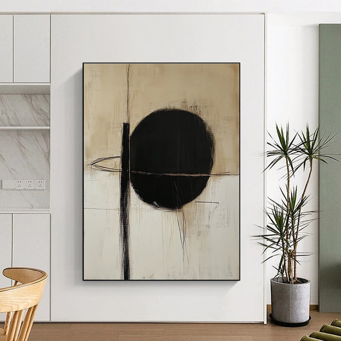 Black Circle and Lines Abstract Painting on Beige Background GER010
