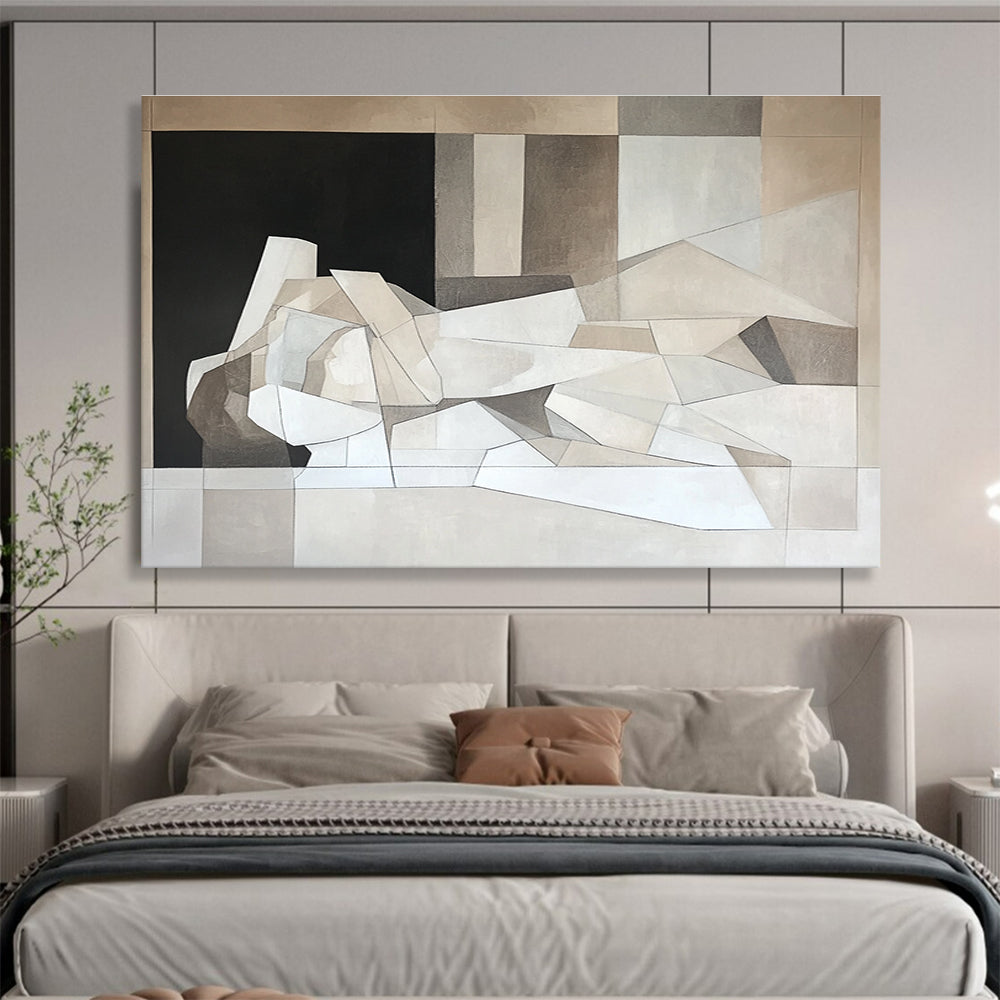 Large abstract painting featuring a textured dark green wall with horizontal stripes, evoking ancient Chinese architectural elegance.SC457