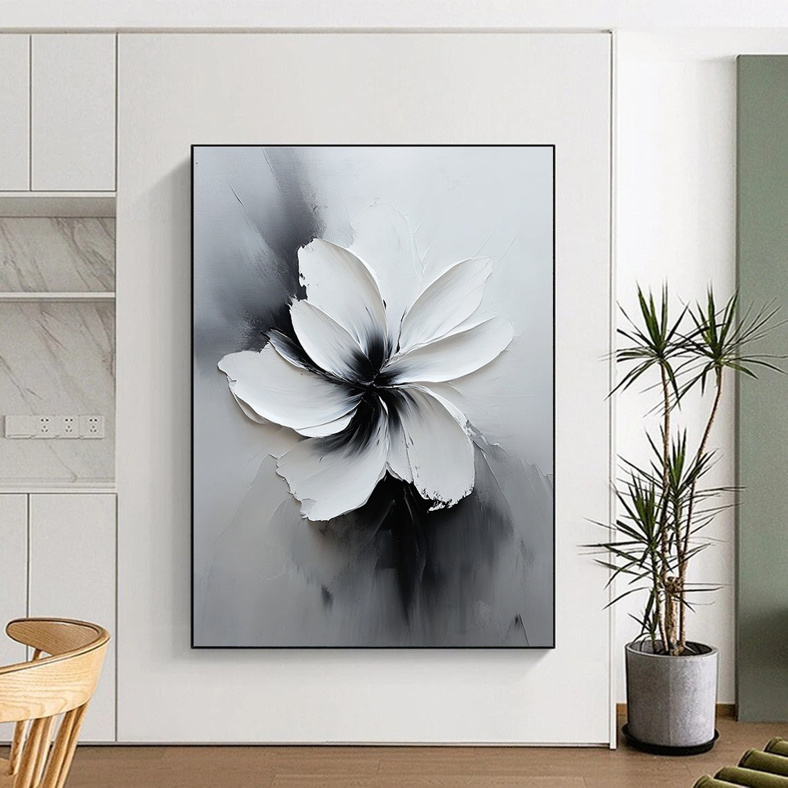 Large abstract white flower painting in black and gray with soft lighting and delicate textures creates an elegant minimalist art piece.STSC516