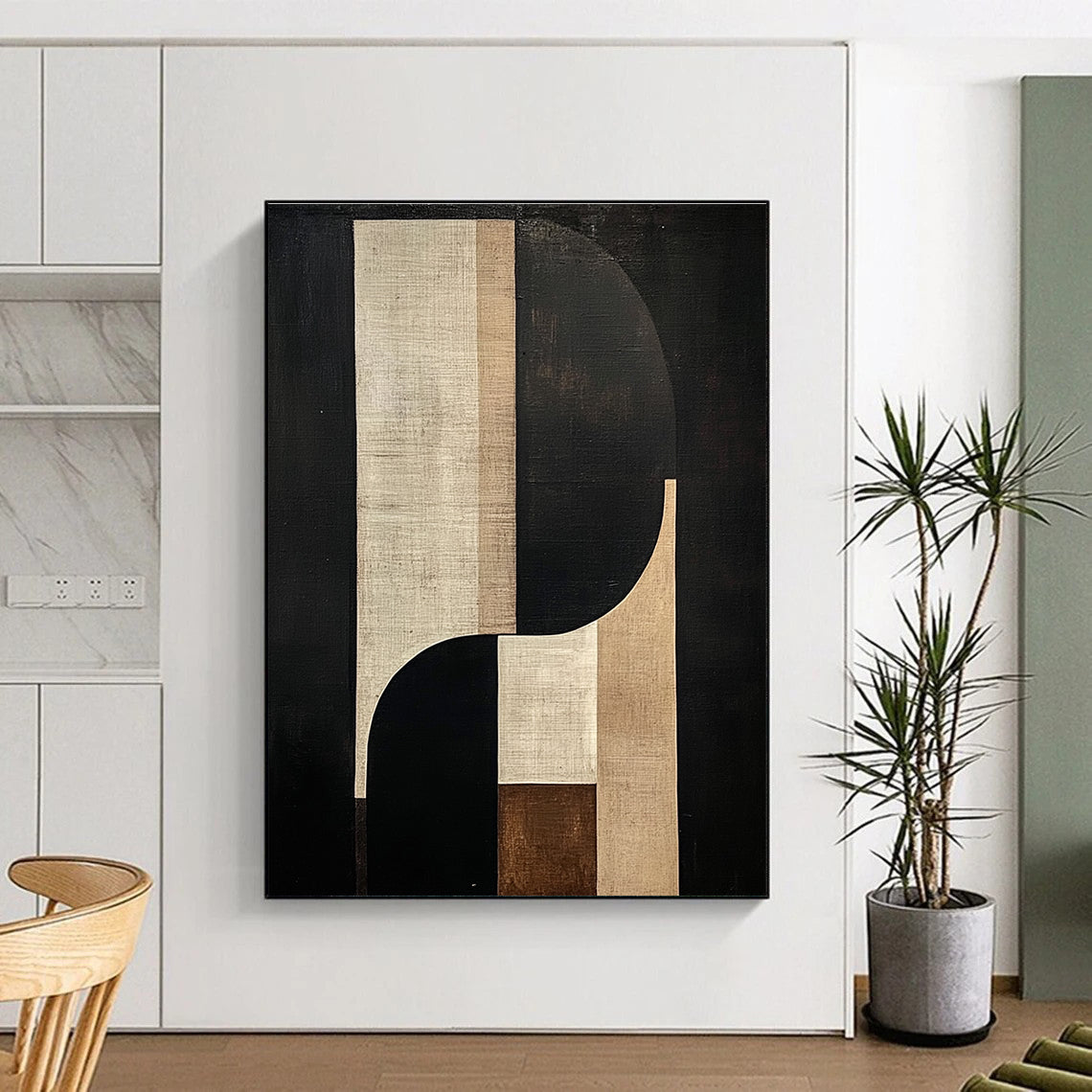 Large abstract painting features geometric and organic shapes in beige and brown tones against a black background with a central tall white shape.STSC1058