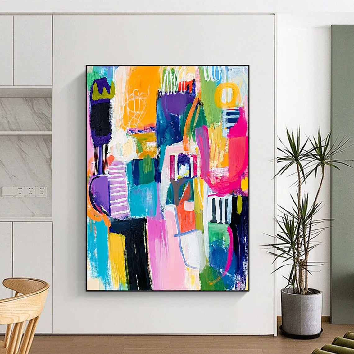 Large abstract painting with colorful whimsical shapes thick brushstrokes and bold lines in vibrant hues capturing dynamic elements of houses cars and people.STSC678