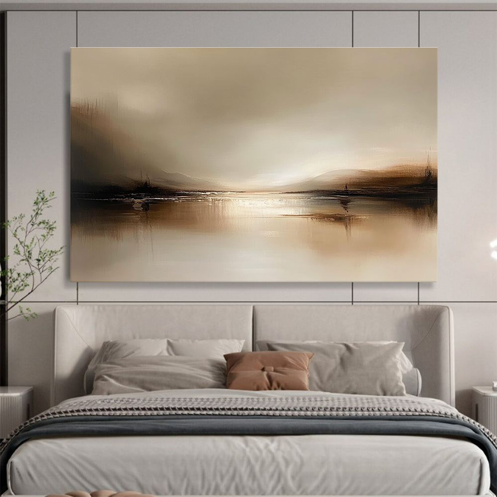 Abstract landscape painting in muted browns and beiges, featuring a tranquil water scene with soft reflections, creating a minimalist and serene atmosphere.SC071