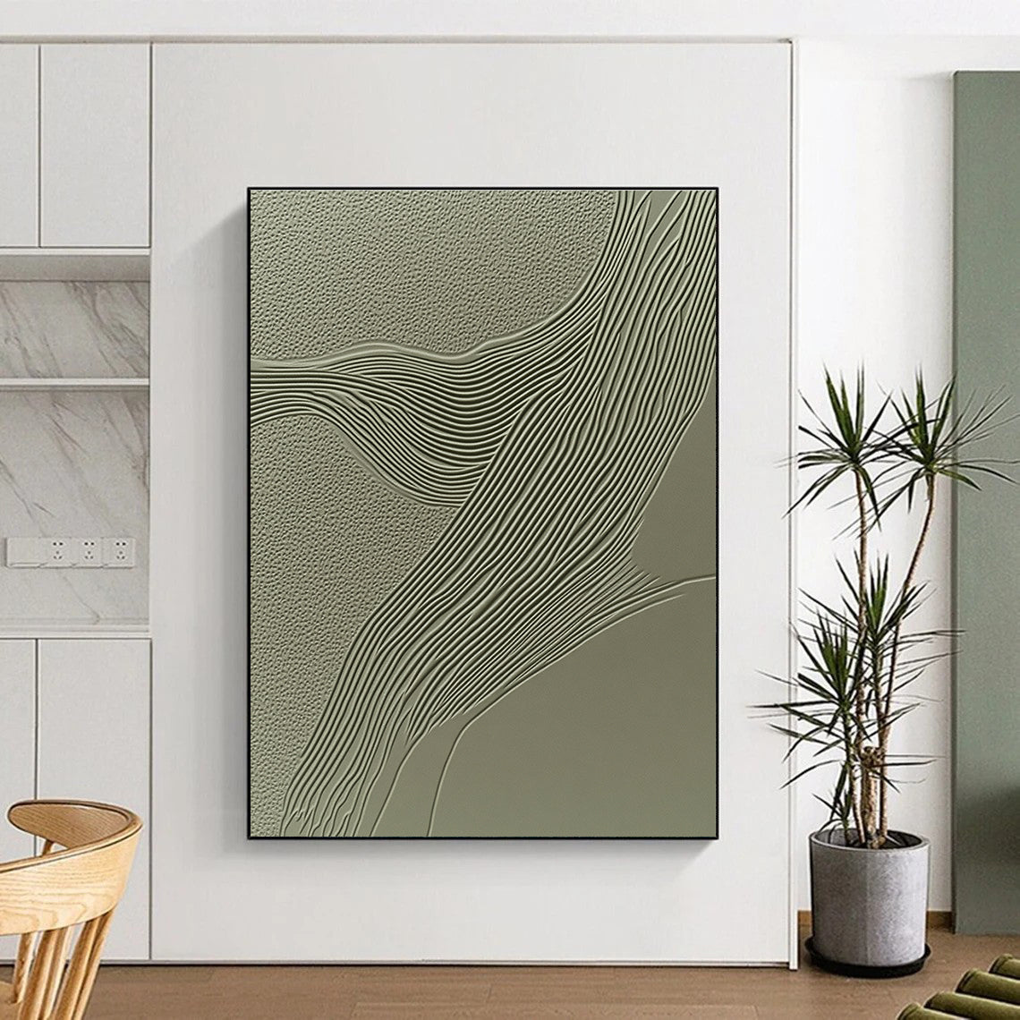 Green Textured Abstract Painting with Wavy Lines GER059