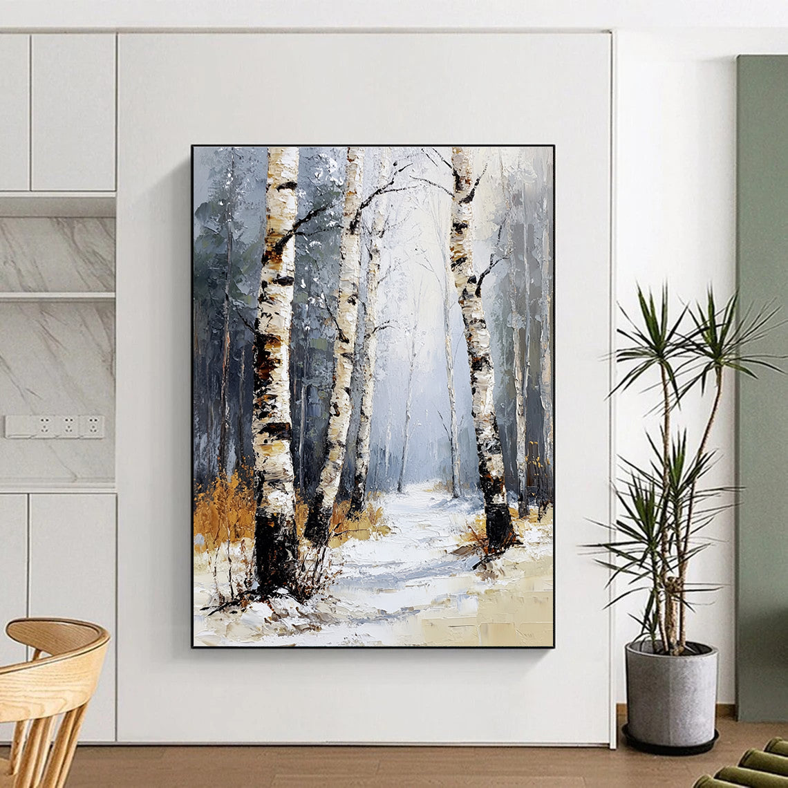 Abstract painting featuring a winter birch forest with soft tones light colors and warm sunshine illuminating the scene among the snowflakes and distant pines.STSC1271