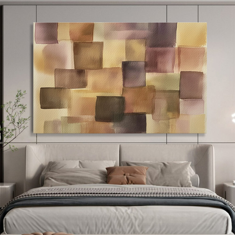 Purple and Brown Squares Watercolor Abstract Painting with Geometric Forms DYP616