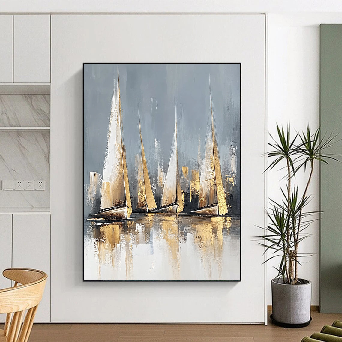 Large abstract painting featuring sailboats in neutral colors with gold accents and a serene water reflection on a white background.STSC460