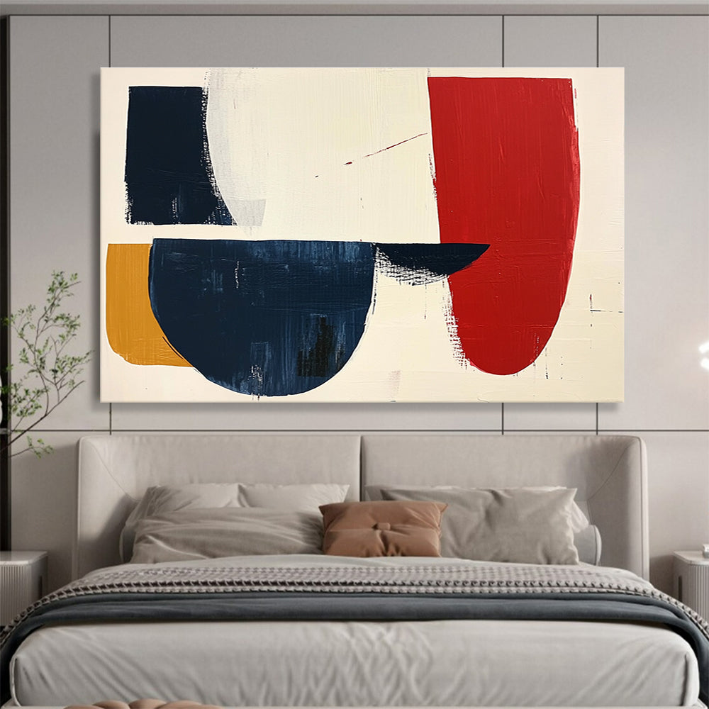 Large abstract painting featuring navy red and white shapes on cream paper with loose brush strokes, creating a striking minimalist aesthetic.SC490