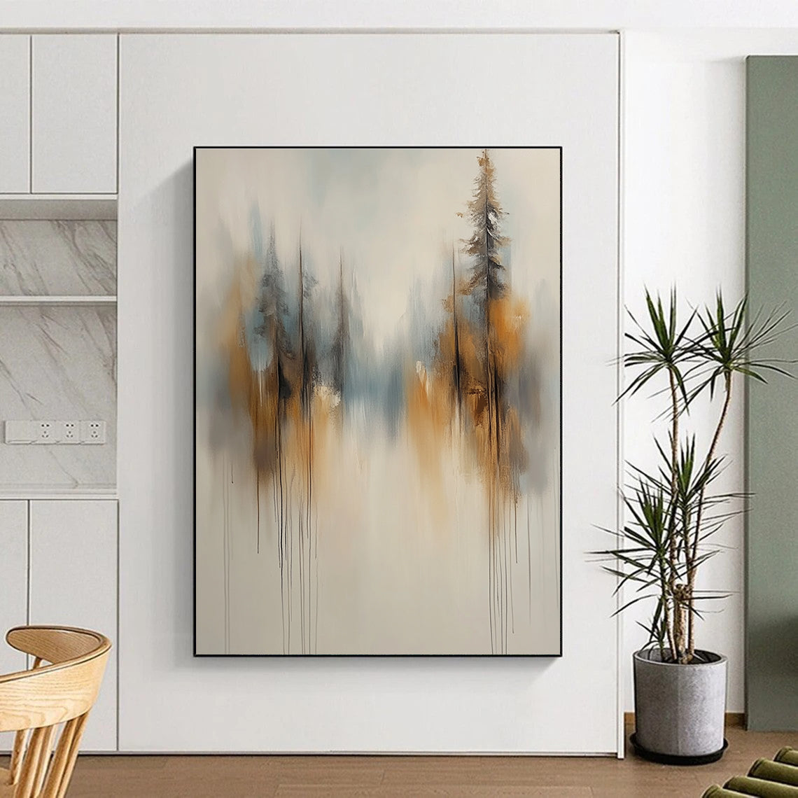Large abstract painting of soft white and grey trees with brown and blue accents featuring a smoke-like background and blurred edges.STSC710