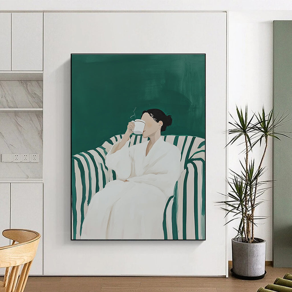 A large abstract painting featuring a woman in a white robe sipping coffee on a striped sofa with a vibrant green background.STSC1122