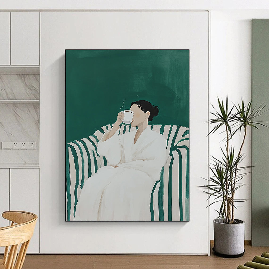 A large abstract painting featuring a woman in a white robe sipping coffee on a striped sofa with a vibrant green background.STSC1122