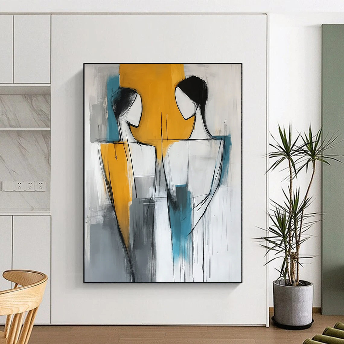 Abstract modern painting featuring two figures in yellow gray and blue colors showcasing contemporary art style.STSC135