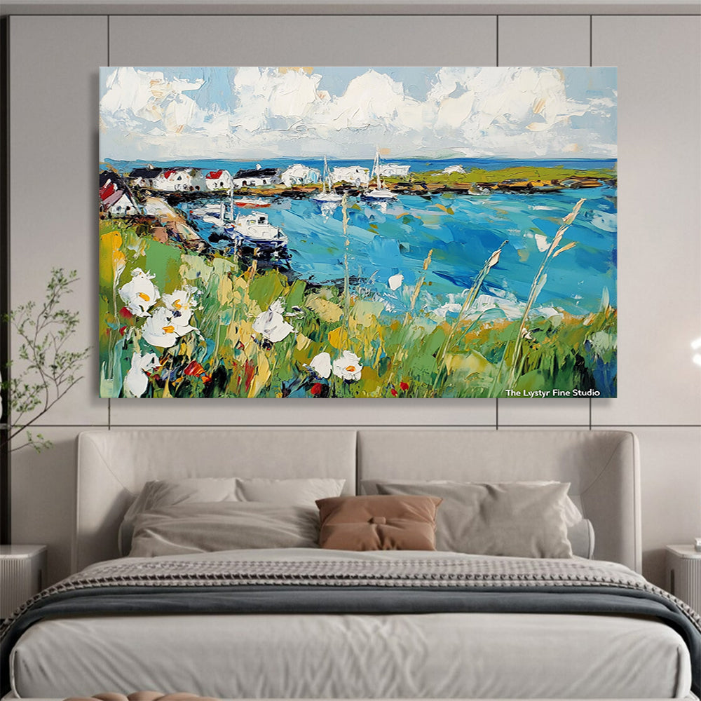 Harbor Landscape Abstract Painting with Blue, Green and White DYP118