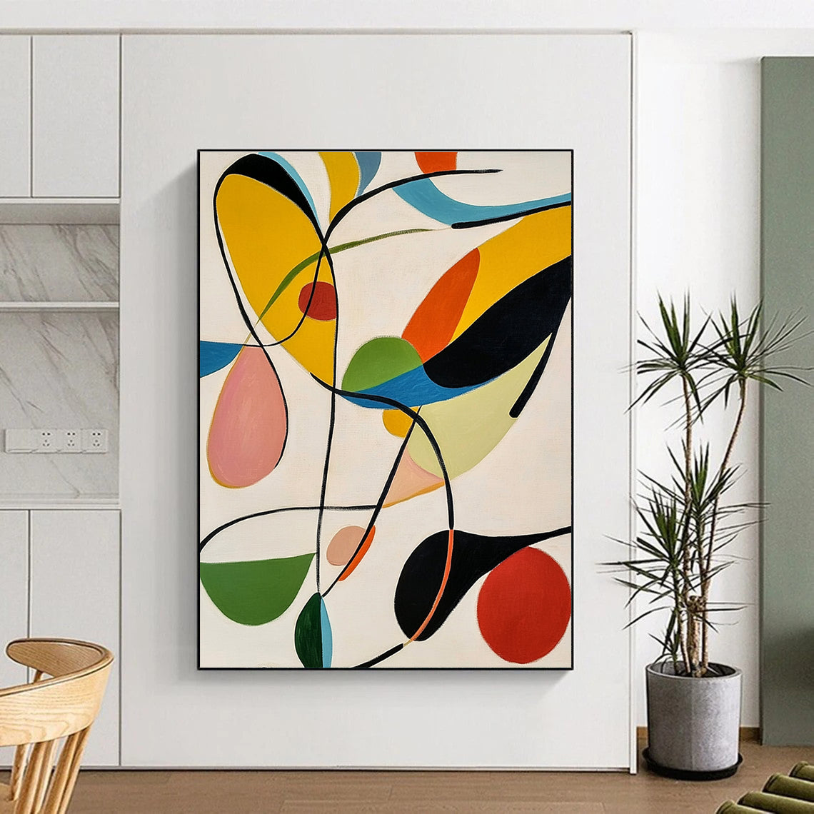 Large abstract painting featuring colorful organic shapes and bold black lines against a white background inspired by Matisse's style.STSC1315