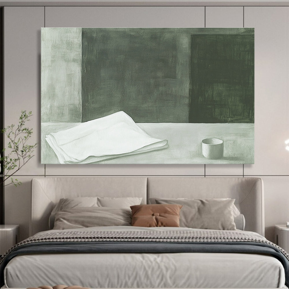 A large abstract painting featuring a folded white sheet with soft edges and hazy details in green and gray tones inspired by Peter Doig.SC571