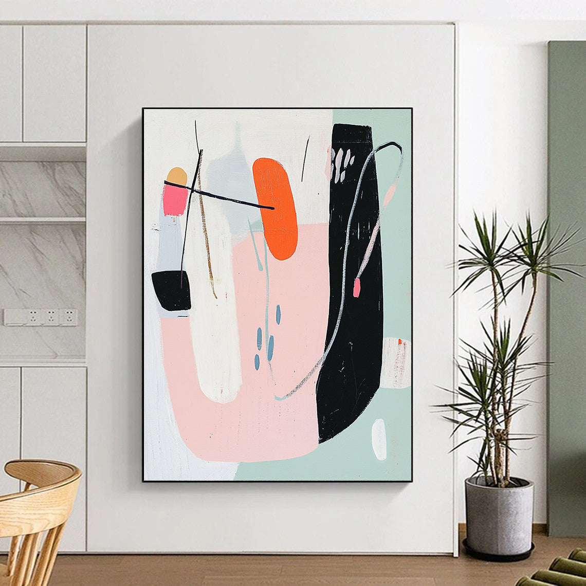 Abstract painting with bold geometric shapes in pastel pink white sage green orange and blue on a white background in mid-century modern style.STSC614