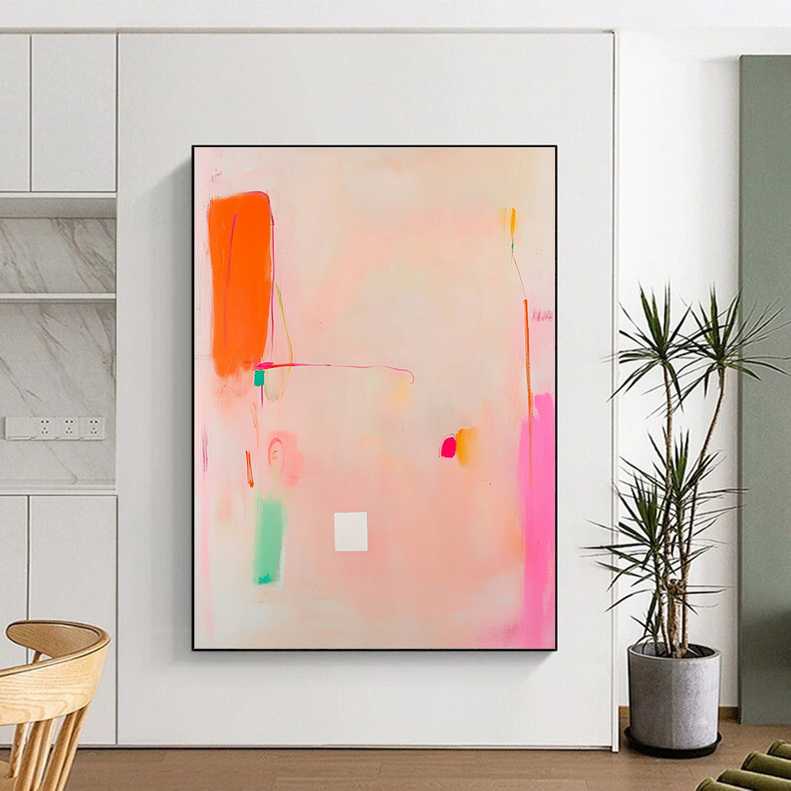 Abstract painting featuring light pink and orange tones with a central white square and soft doodle-like shapes in the corner.STSC770