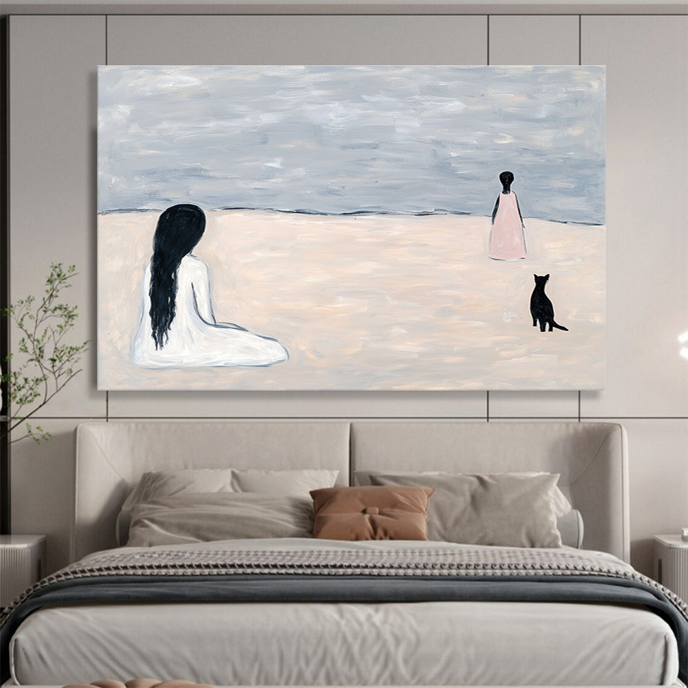 An abstract painting featuring light grey sand dunes and ocean waves with figures and a black cat walking away, evoking serene beach vibes.SC468