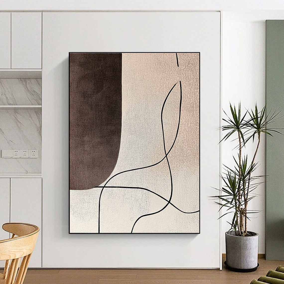 Brown and Beige Abstract Painting with Curved Black Lines GER181