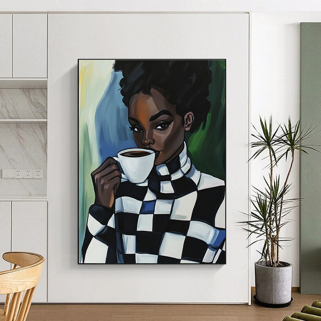 An abstract oil painting featuring a Black woman in a checkered turtleneck enjoying coffee, radiating warmth and style.STSC919