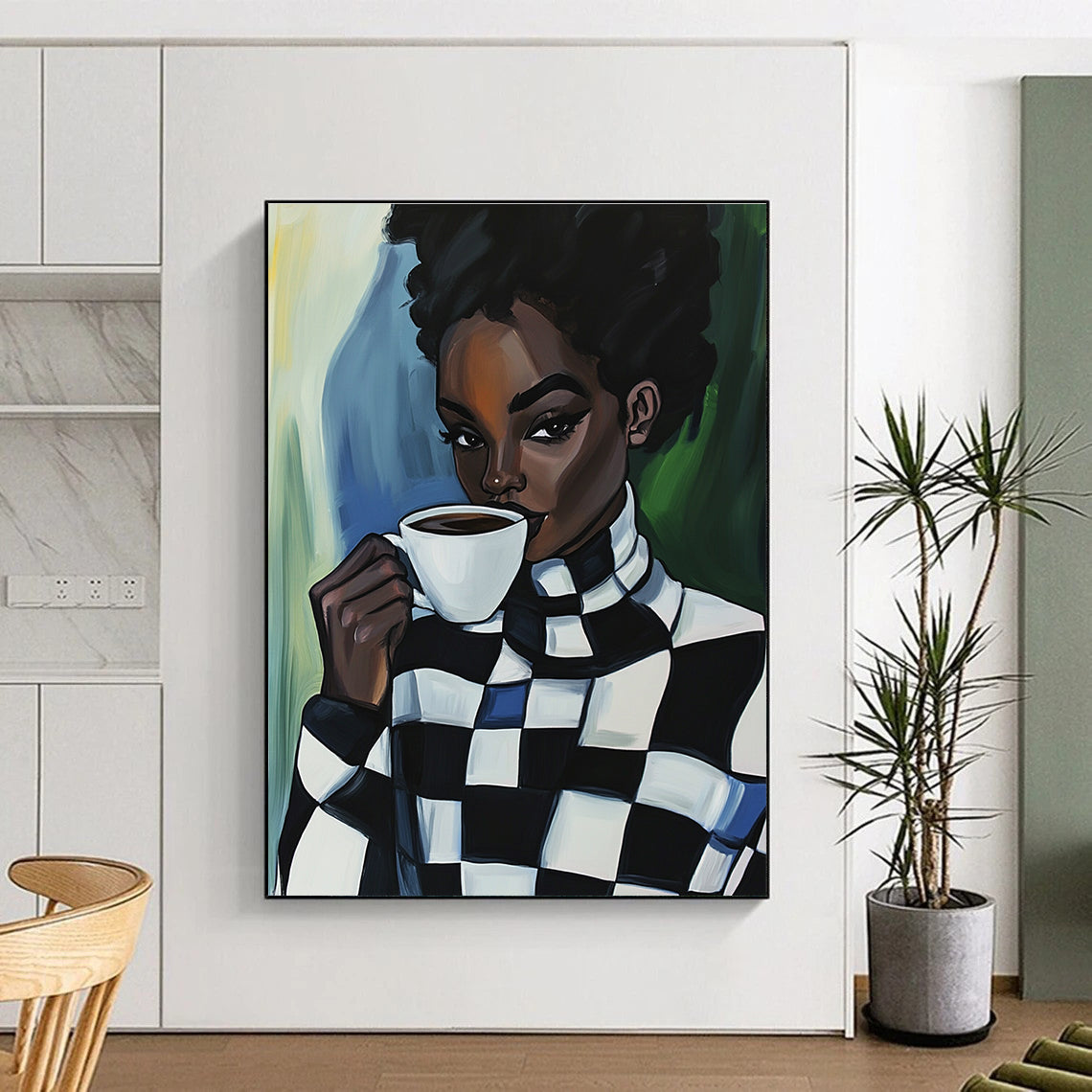 An abstract oil painting featuring a Black woman in a checkered turtleneck enjoying coffee, radiating warmth and style.STSC919