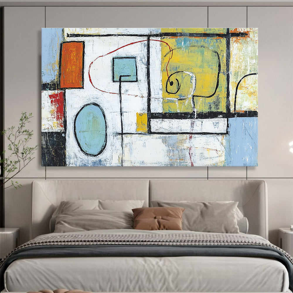 Large abstract painting featuring light blue white and green shapes with red lines yellow forms and black outlines set against a soft orange black background.SC194