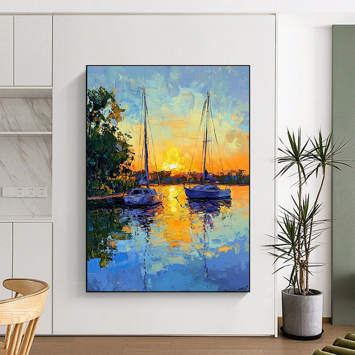 Large Abstract Painting of sailboats at sunset with soft brush strokes and vibrant colors creating tranquility and harmony between nature and human creation.STSC1393
