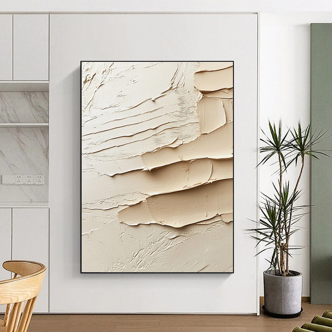 Large abstract painting showcasing soft clay textures in shades of beige and cream with sculptural potential reflecting Abstract Expressionism.STSC1284