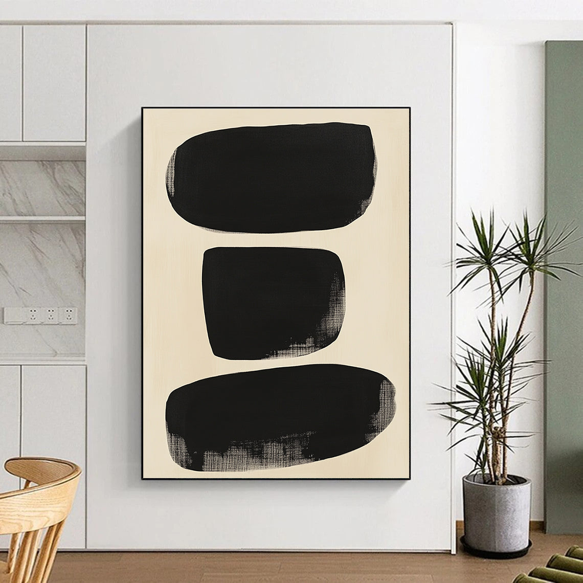 Black and Beige Abstract Painting with Large Black Organic Shapes GER189