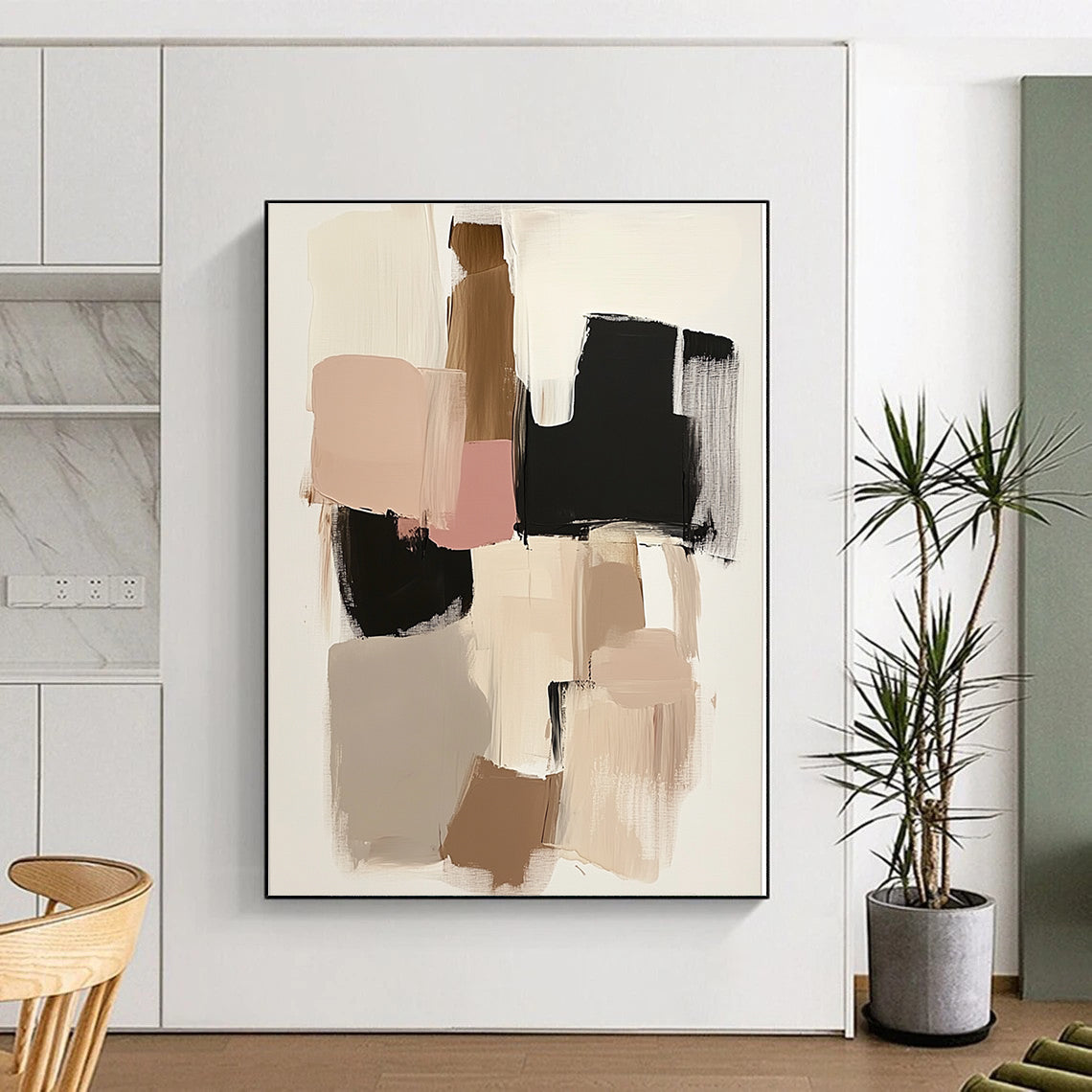 Beige Pink and Black Abstract Painting with Geometric Shapes GER480