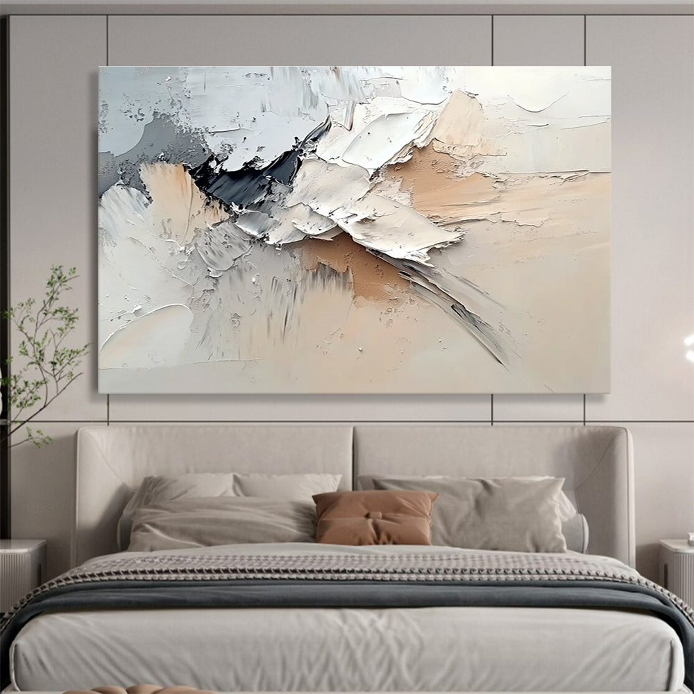 Large abstract painting featuring dynamic white, gray, and beige swirls in a neutral color palette reminiscent of Zao Wou-Ki.SC135