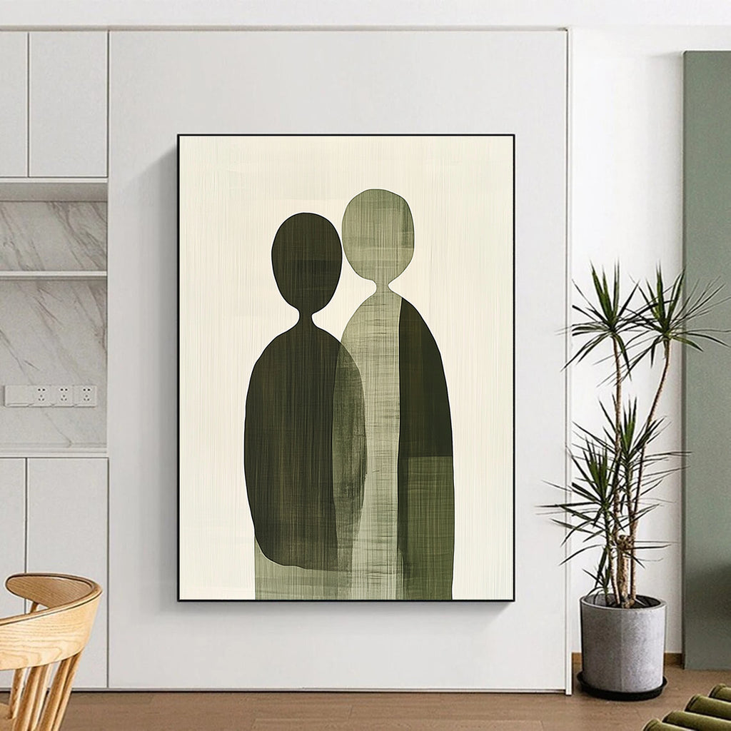 A large abstract painting featuring green and gray shapes with subtle textures, depicting unity and connection through minimalist design and soft tones.STSC1075